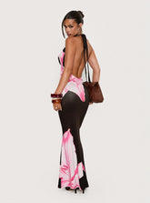 Kanara Halter Plunge Maxi Dress Chocolate / Pink Floral