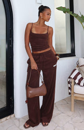 Causing Commotion Terry Wide Leg Sweatpants Chocolate