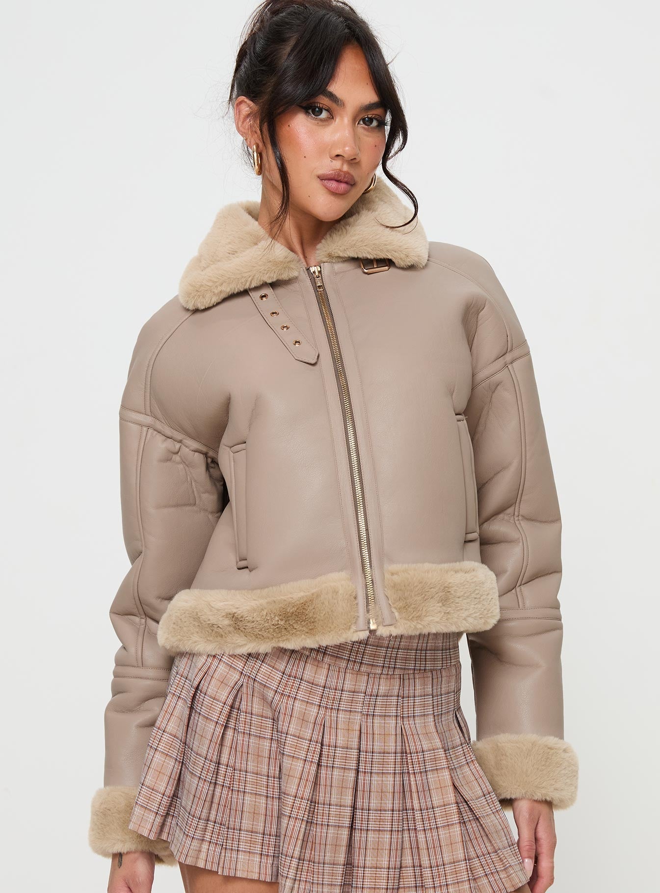 Henessy Faux Leather Jacket Beige