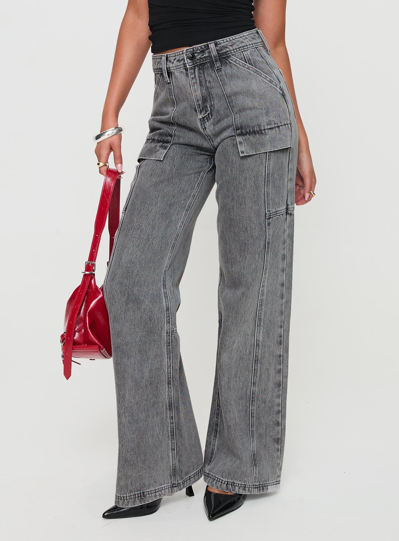 Chad High Rise Flared Cargo Jeans Washed Grey