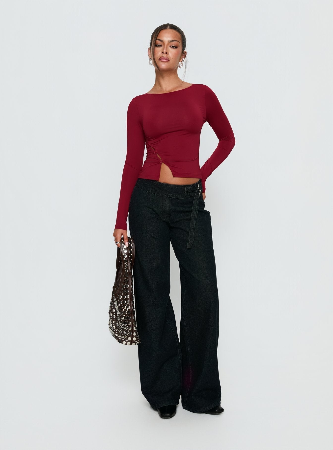 Crowded Room Button Up Long Sleeve Top Wine