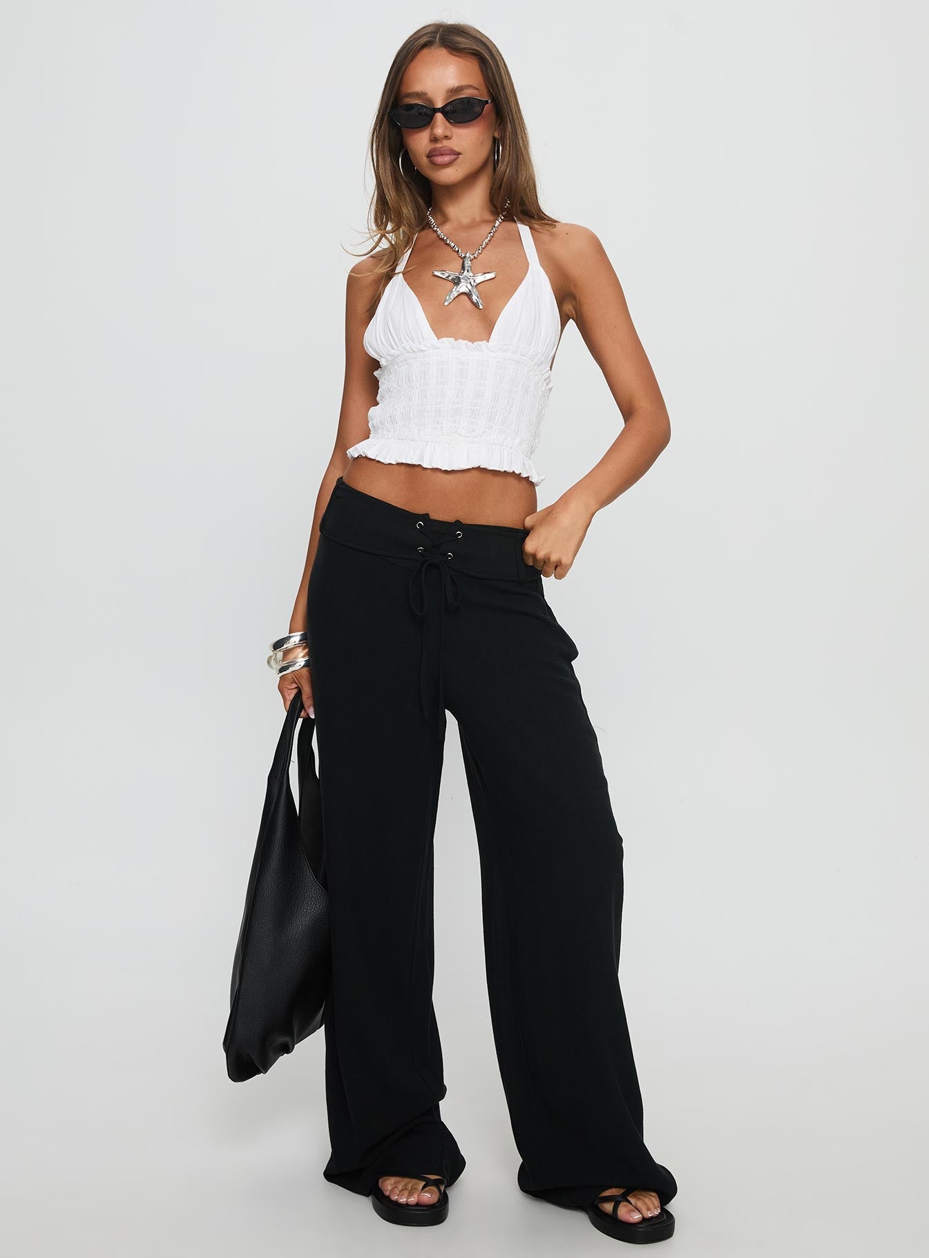 Essences Shirred Peplum Top White