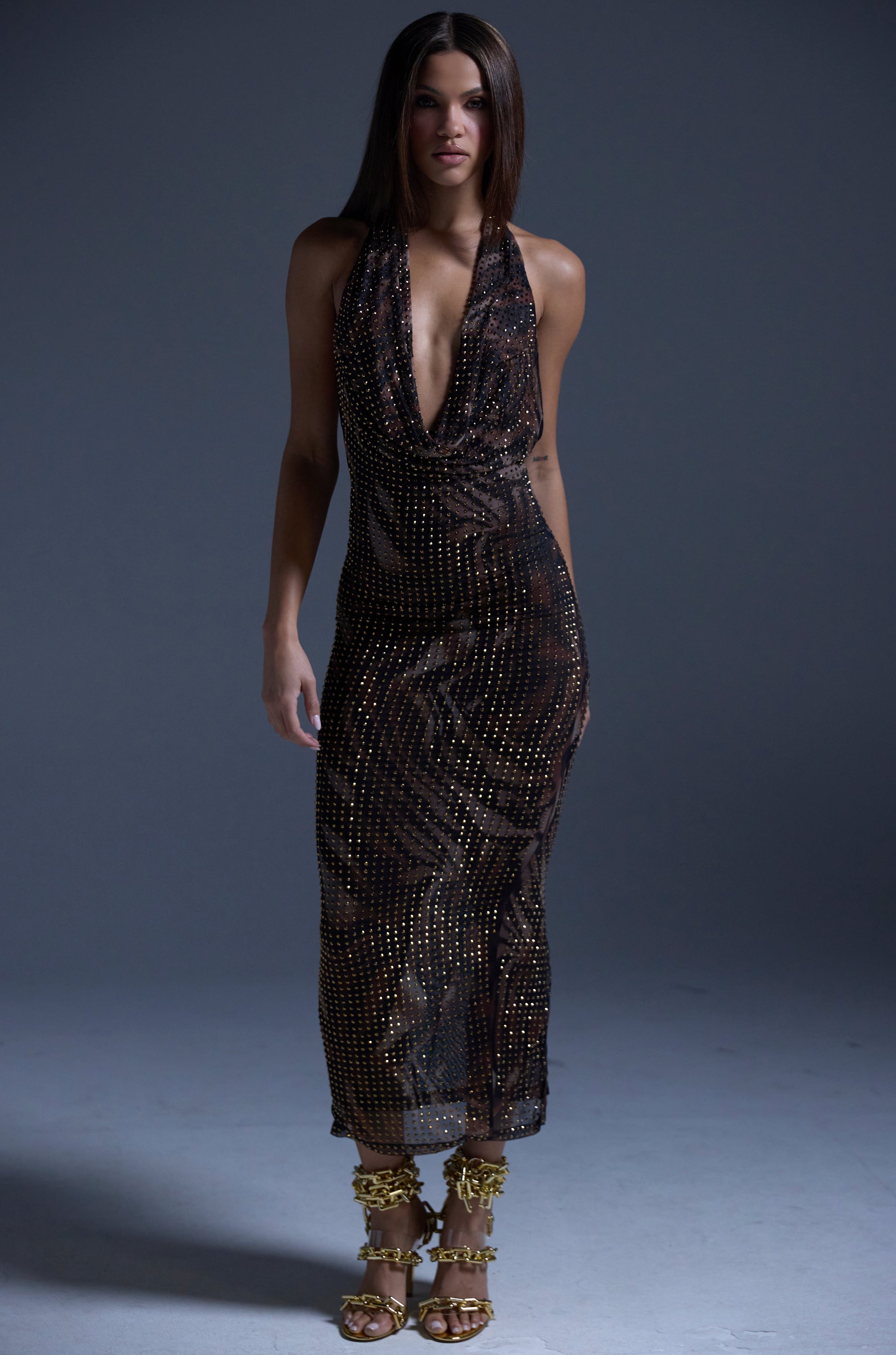 LENNON PRINTED MESH RHINESTONE MIDI DRESS