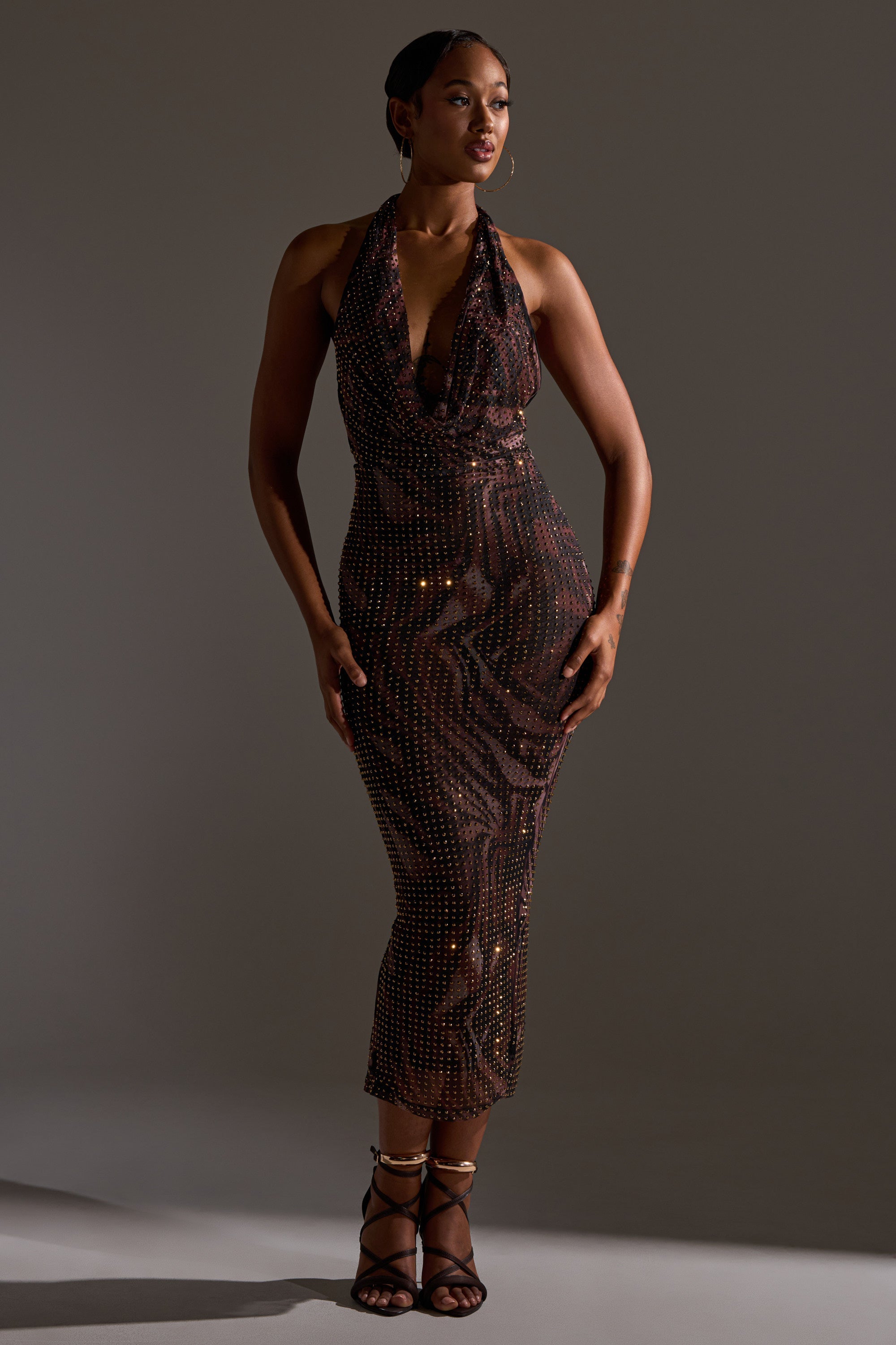 LENNON PRINTED MESH RHINESTONE MIDI DRESS