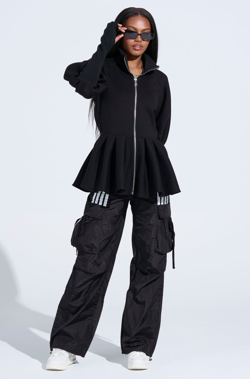 TWIN FLAME PEPLUM BOMBER IN BLACK