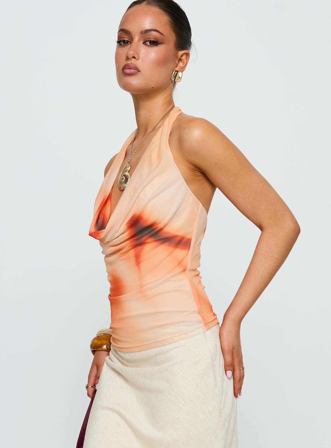 Do It Again Cowl Neck Top Orange Multi