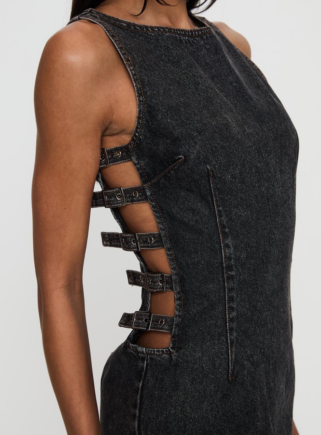 Chatter Buckle Side Denim Mini Dress Charcoal