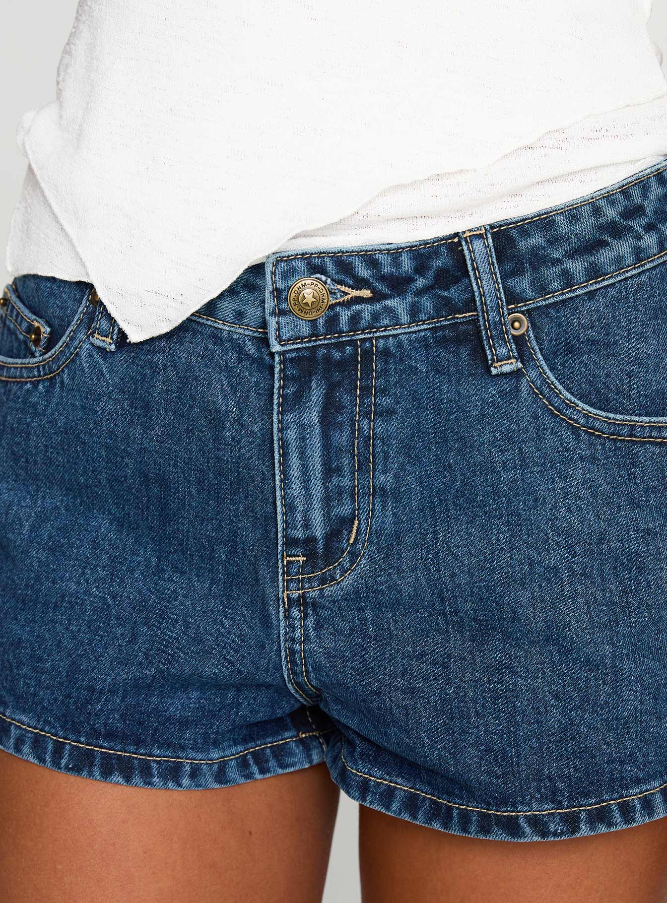 Dreamful Low Rise Mini Denim Shorts Mid Wash