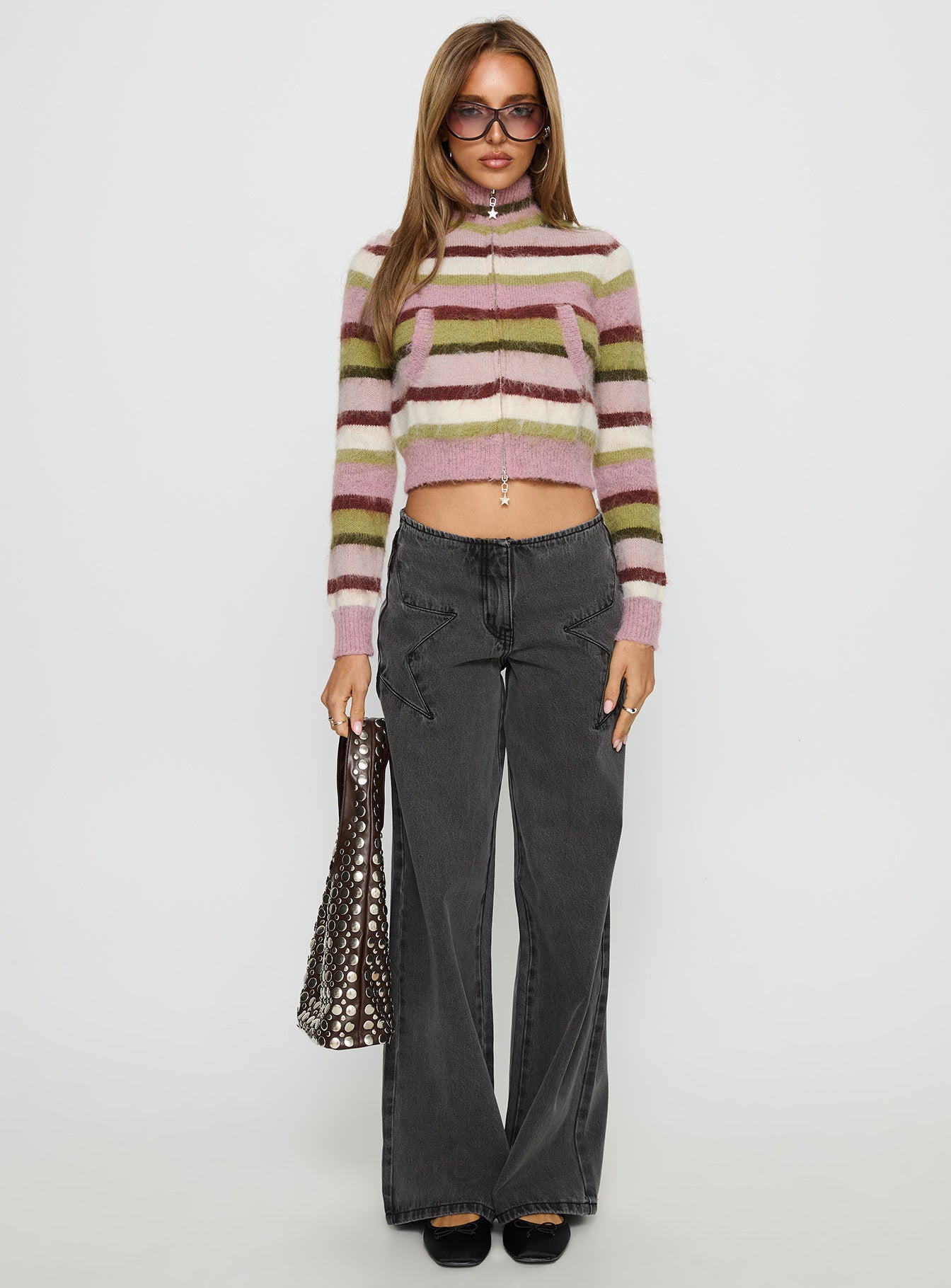 Dolley Star Stitch Mid Rise Wide Leg Jean Grey Wash