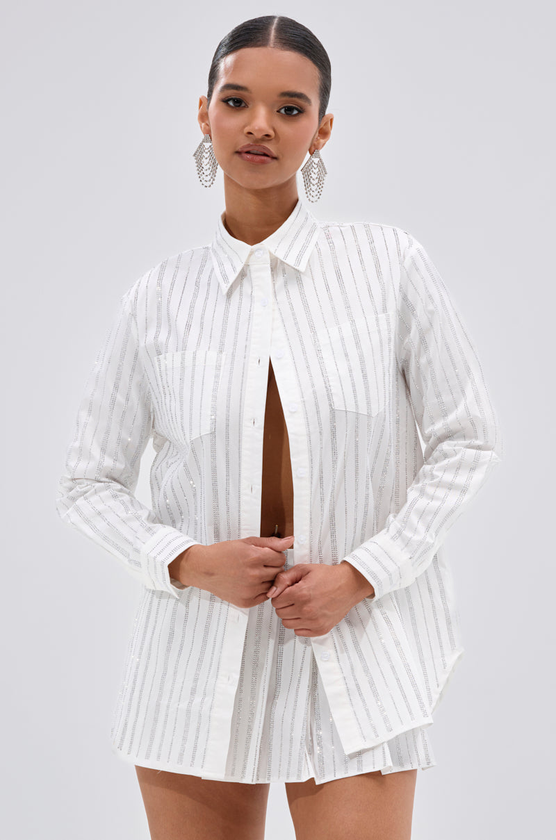 ONTO THE NEXT EMBELLISHED BUTTON DOWN TOP IN WHITE
