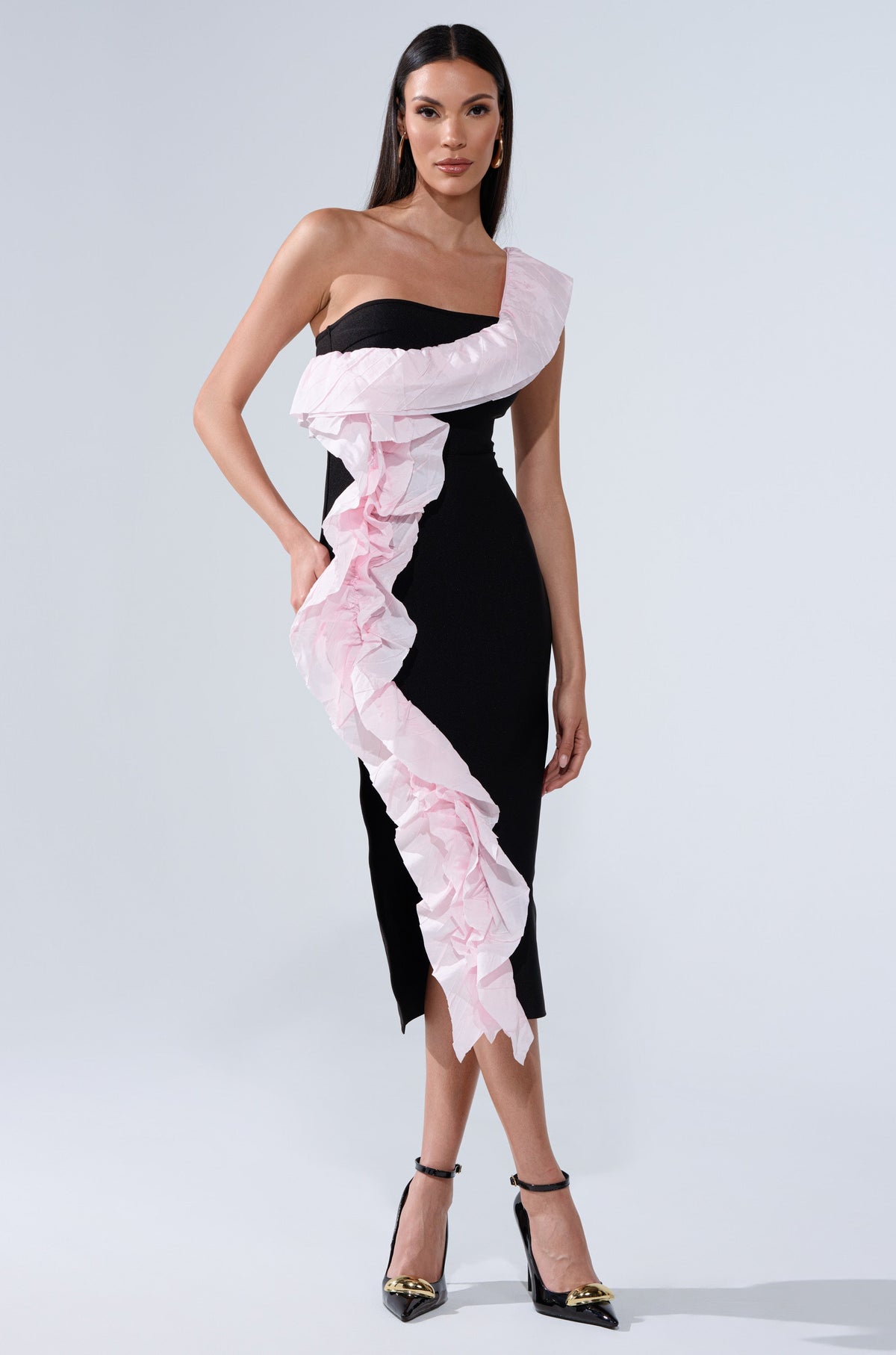 SOFT FLEX BANDAGE MIDI DRESS WITH RUFFLE DETAIL