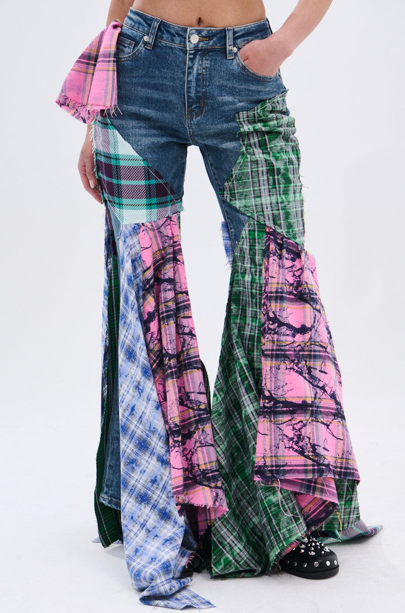 PLAID ON PLAID DENIM JEANS