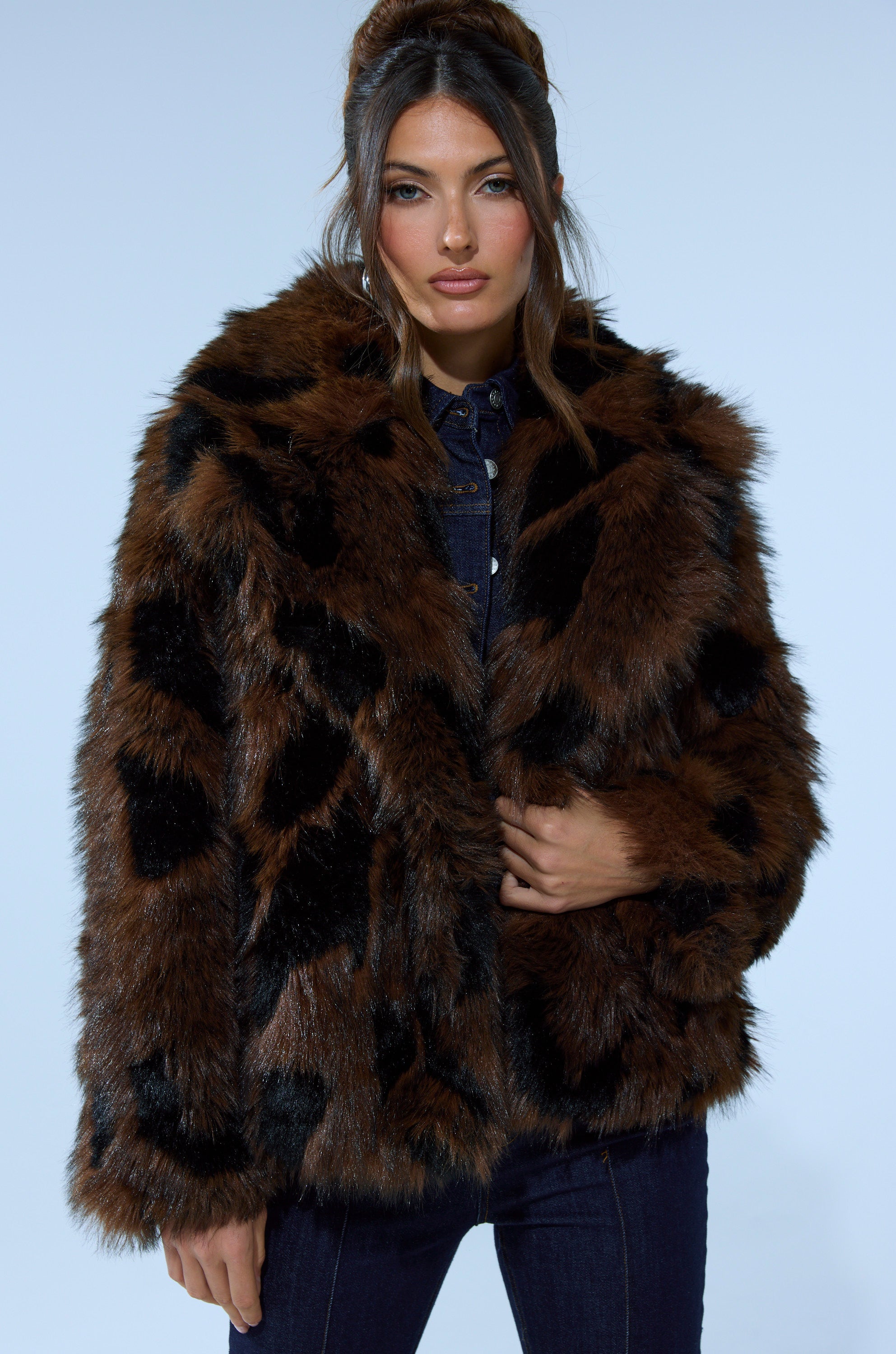 SHORTIE FUR COAT IN BROWN MULTI