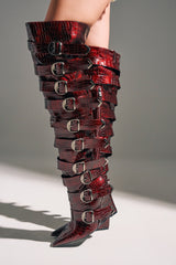 AZALEA WANG CINZIA RED WEDGE BOOT WITH BUCKLE DETAIL