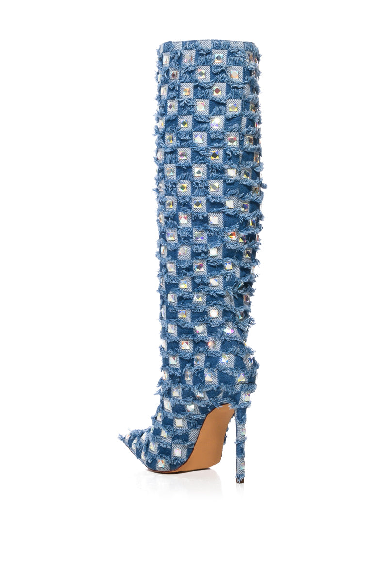 AZALEA WANG EVE DENIM KNEE HIGH EMBELLISHED BOOT