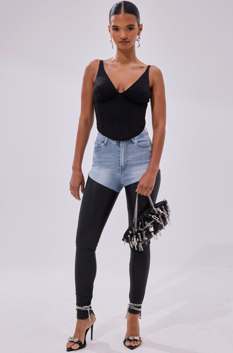 FLEX FIT EXTREME STRETCH HIGH WAIST SKINNY JEANS WITH FAUX LEATHER