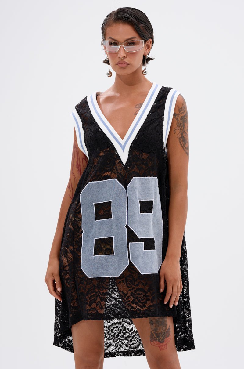 ON THE SIDELINES LACE JERSEY MINI DRESS WITH DENIM
