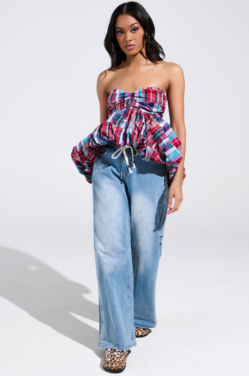 MIXED PLAID CROPPED BUBBLE BLOUSE