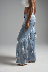 SHAKE IT FOR ME GIRL FEATHER EMBELLISHED DENIM