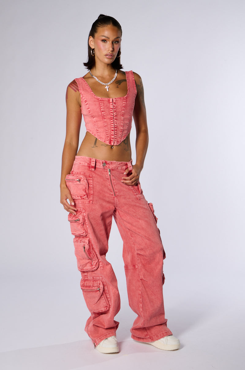 OUT THE MUD ACID WASH DENIM CORSET TOP