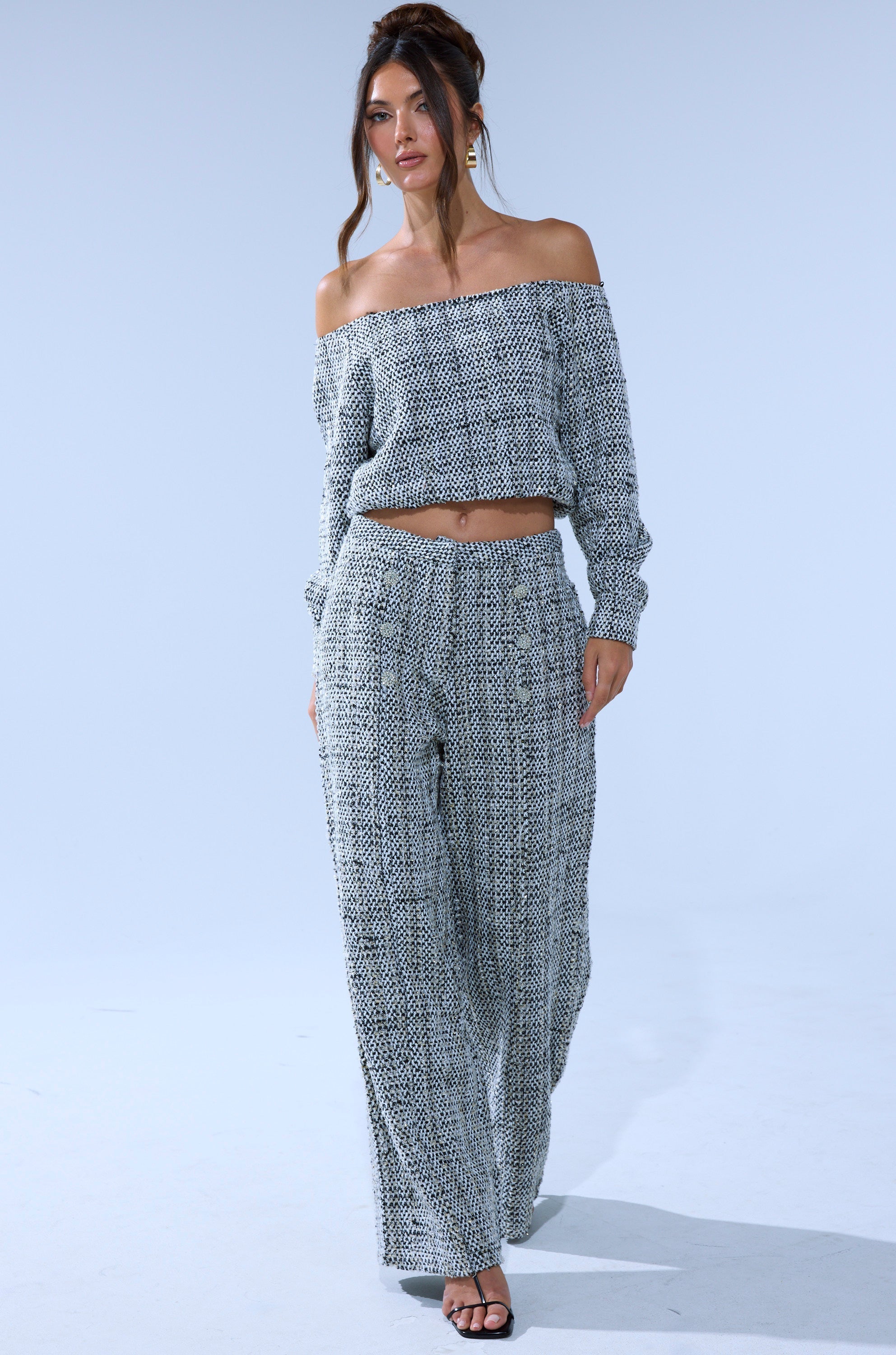 DRESSY VIBES OFF THE SHOULDER SWEATSHIRT
