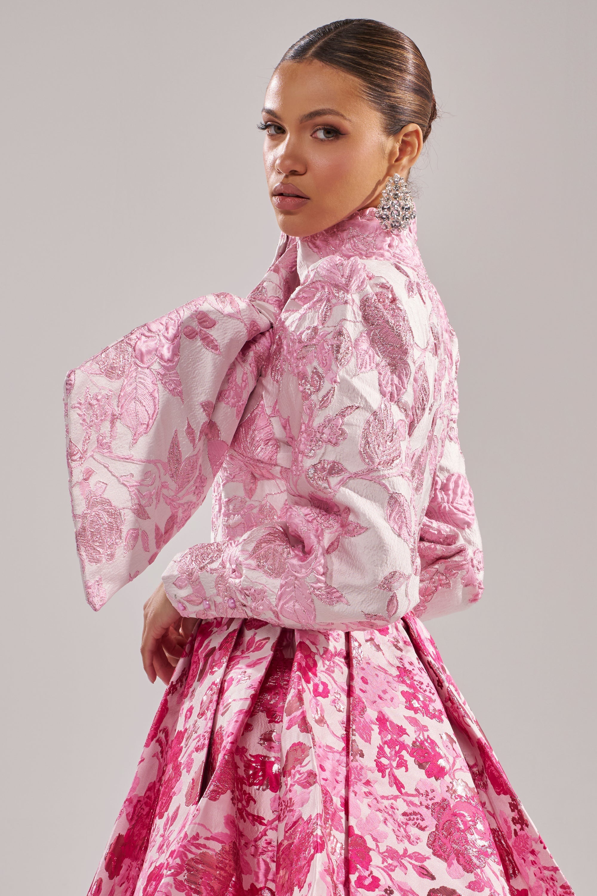 RENAISSANCE TWO-TONE BROCADE MINI DRESS IN PINK