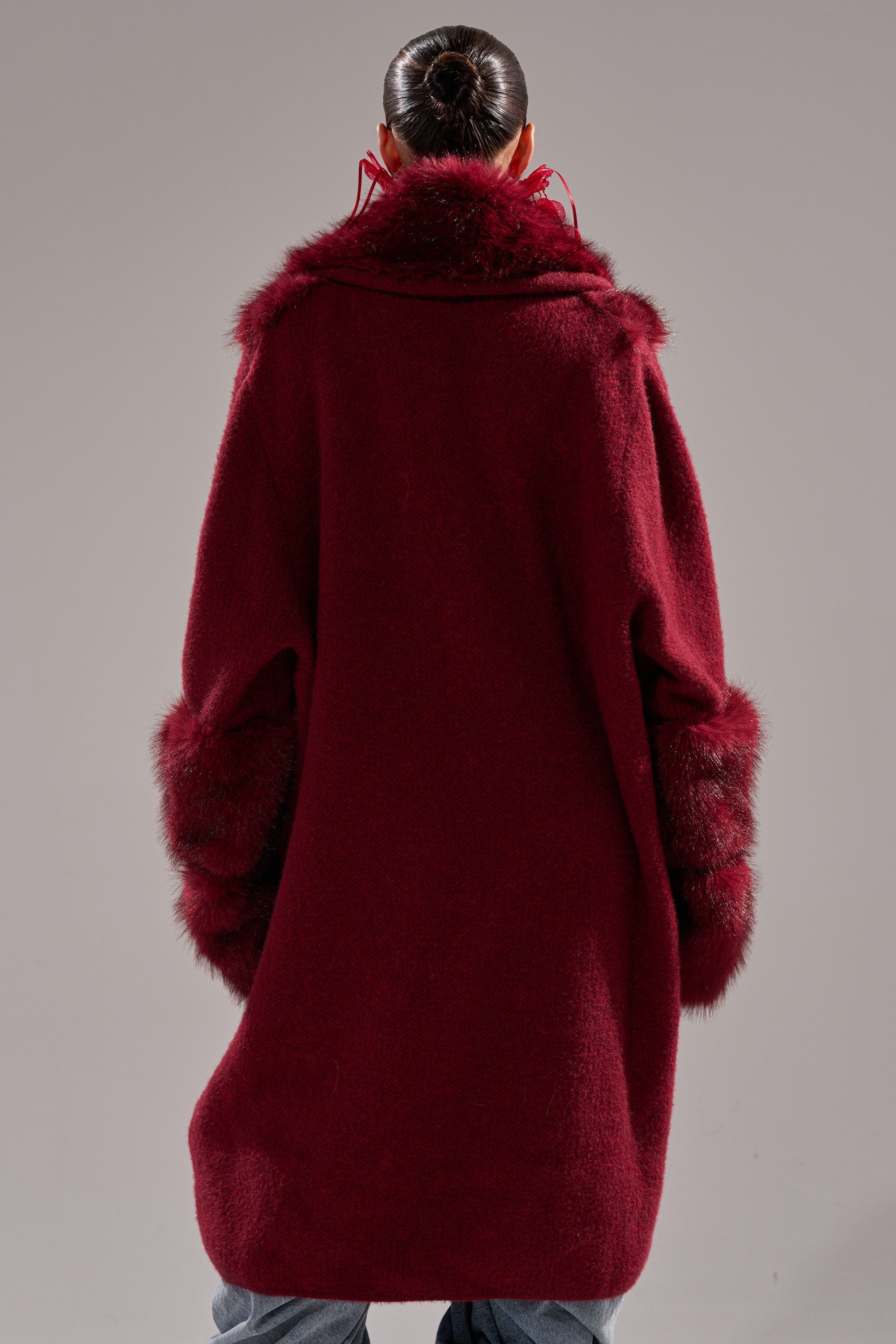 LUXE LIFE FUR CARDIGAN IN BURGUNDY