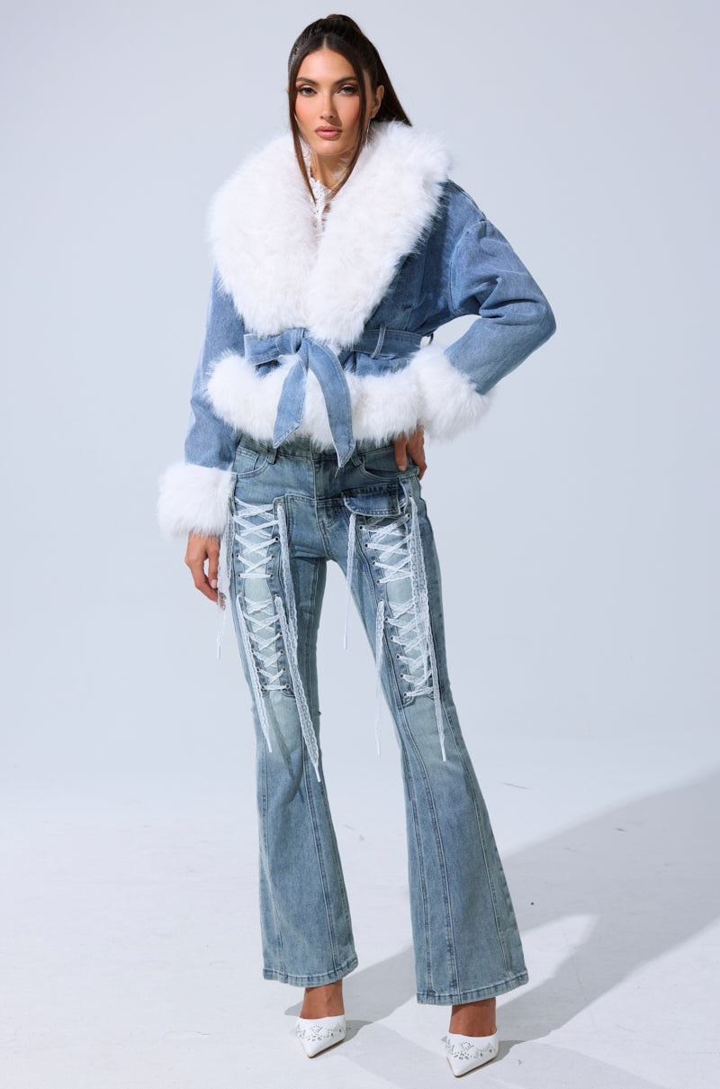 LAINEY FUR TRIM DENIM MOTO