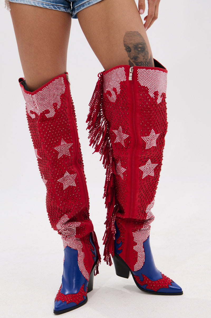 AZALEA WANG NELLA BLUE MULTI WESTERN EMBELLISHED BOOT