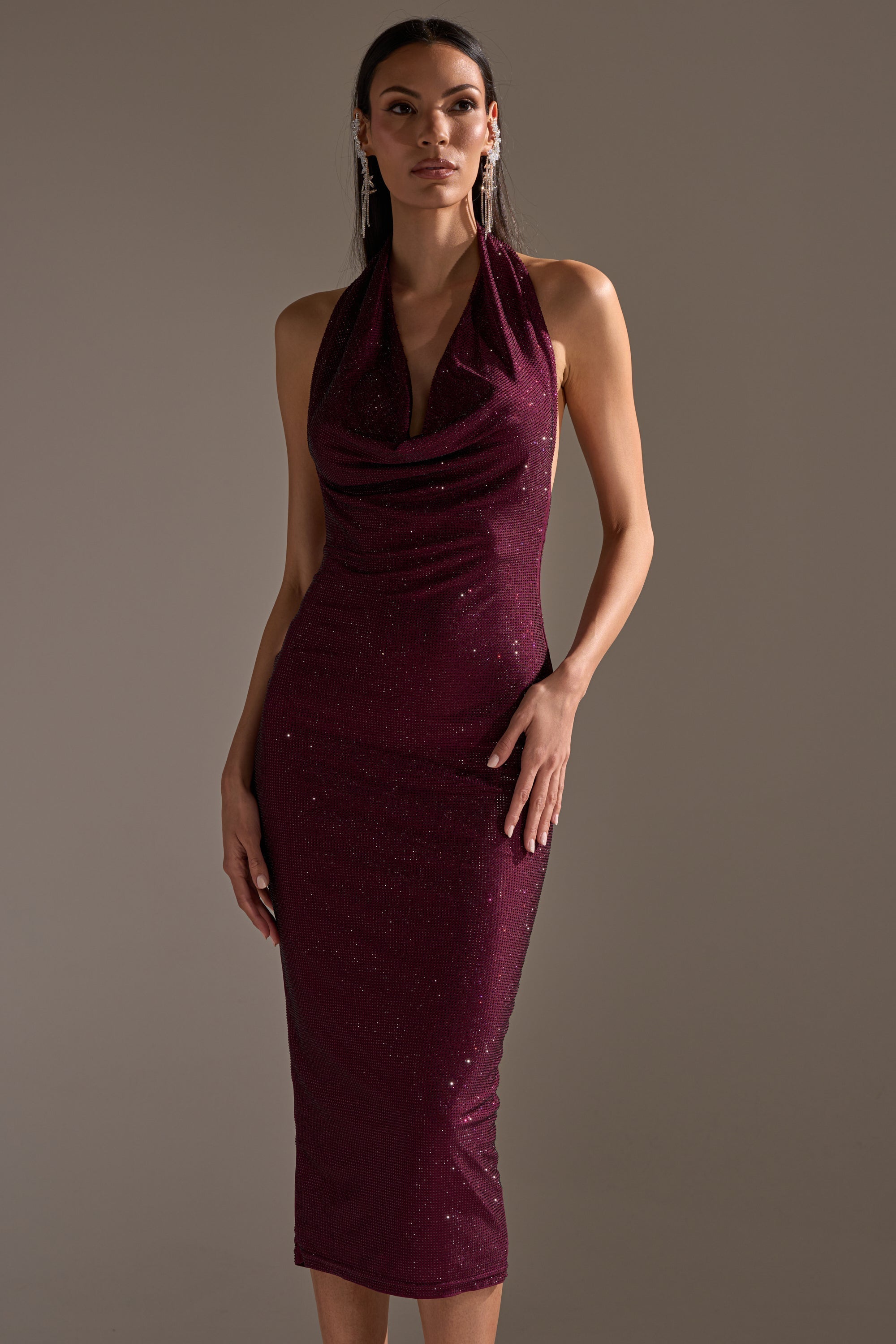 POPPIN' BOTTLES RHINESTONE MAXI DRESS IN PURPLE