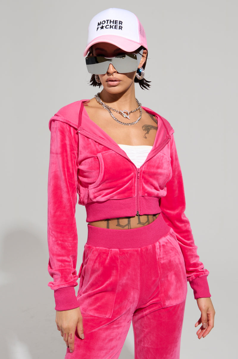 VELOUR GALORE FITTED ZIP UP IN PINK