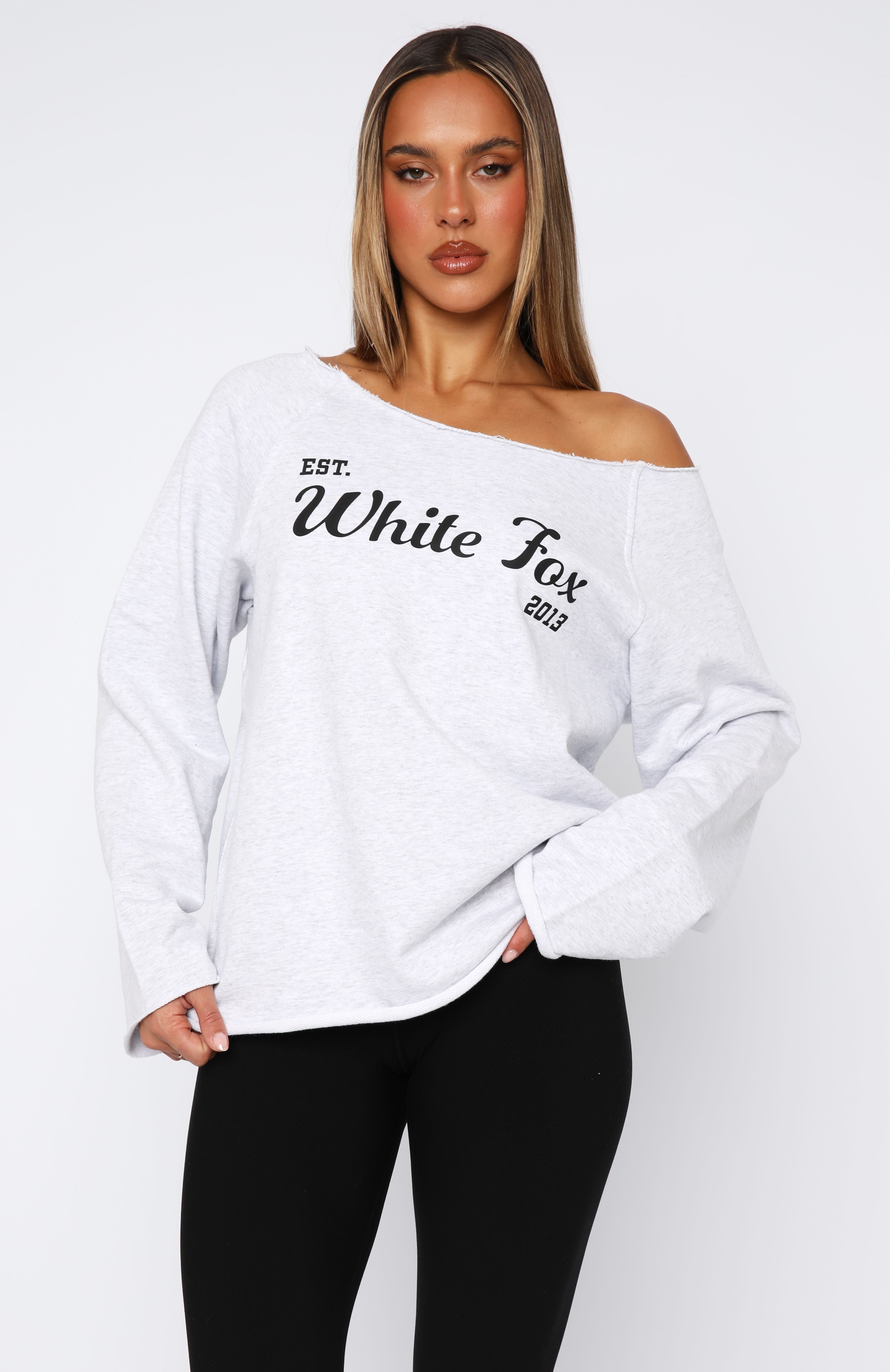 Celebrating Me Off Shoulder Sweater Grey Marle