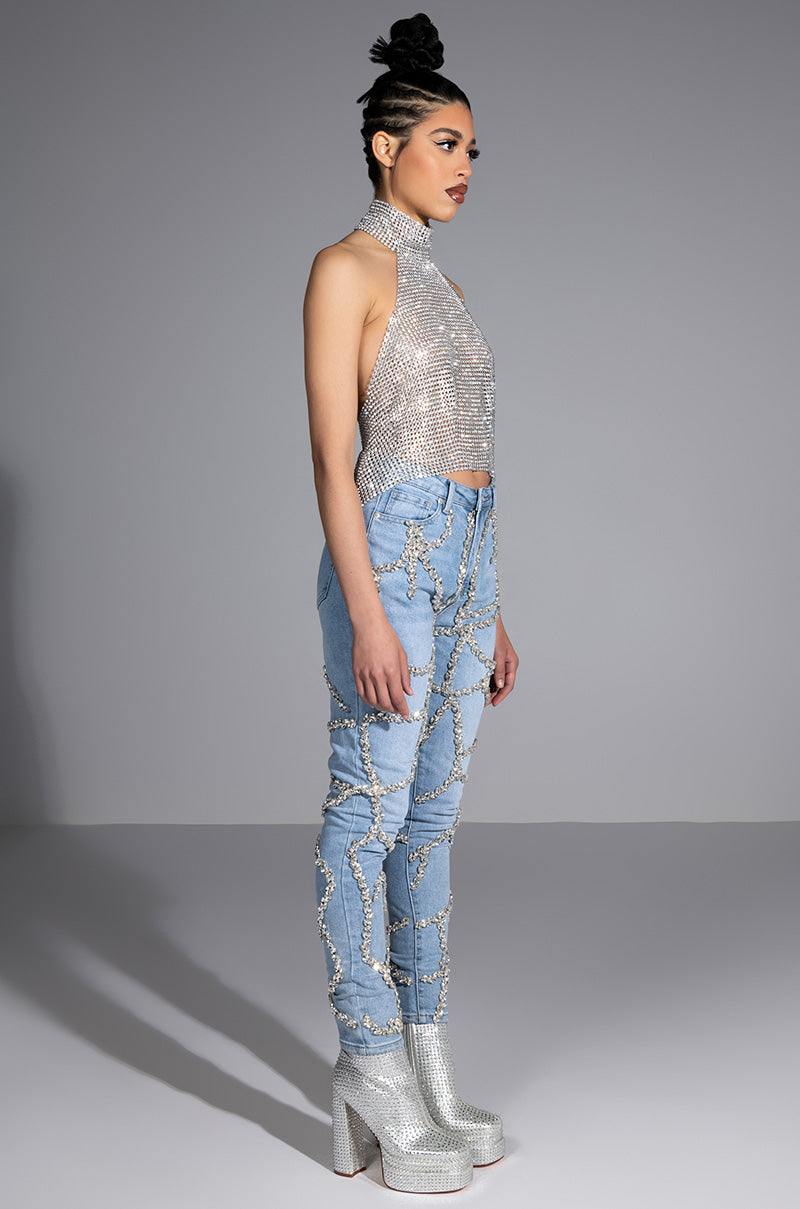 ABOVE ALL RHINESTONE HALTER TOP