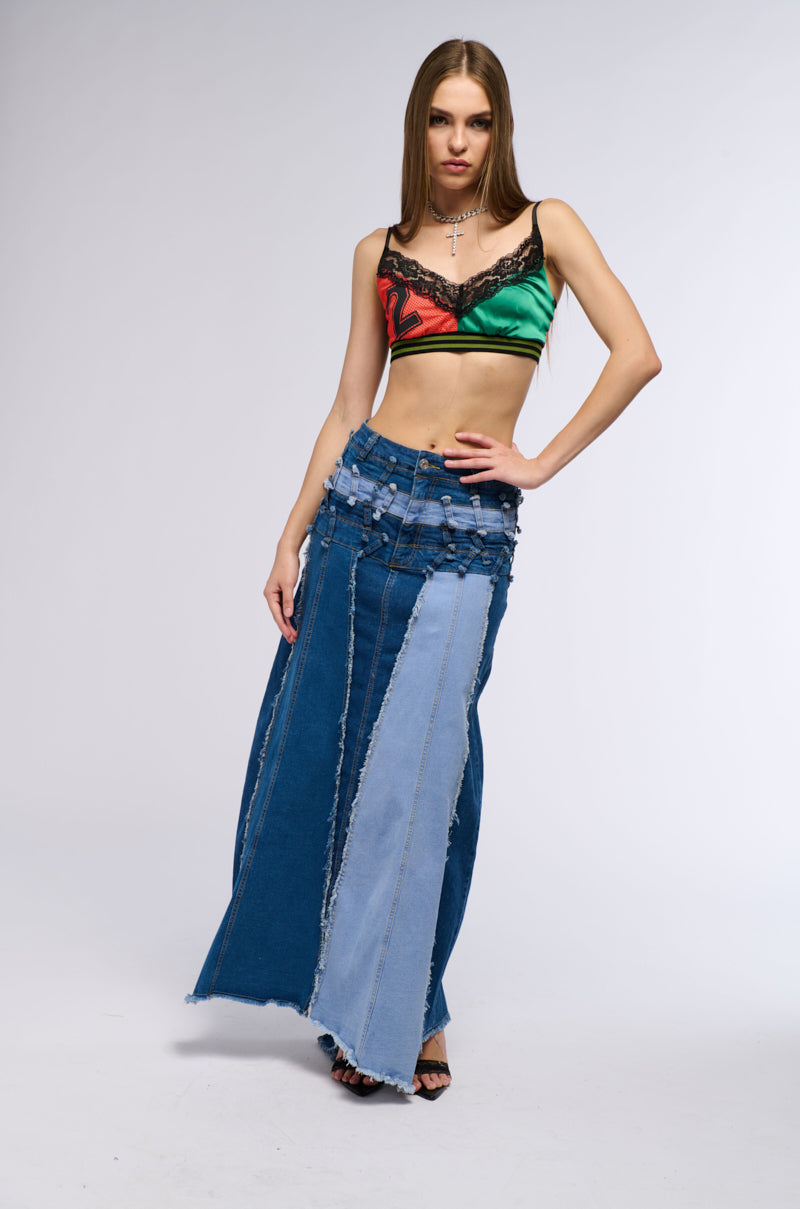 ALL OVER DISTRESSED DENIM SKIRT