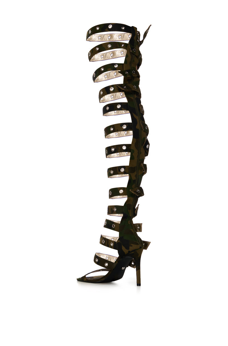 AZALEA WANG HARLOWE CAMO OVER THE KNEE BUCKLE UP SANDAL