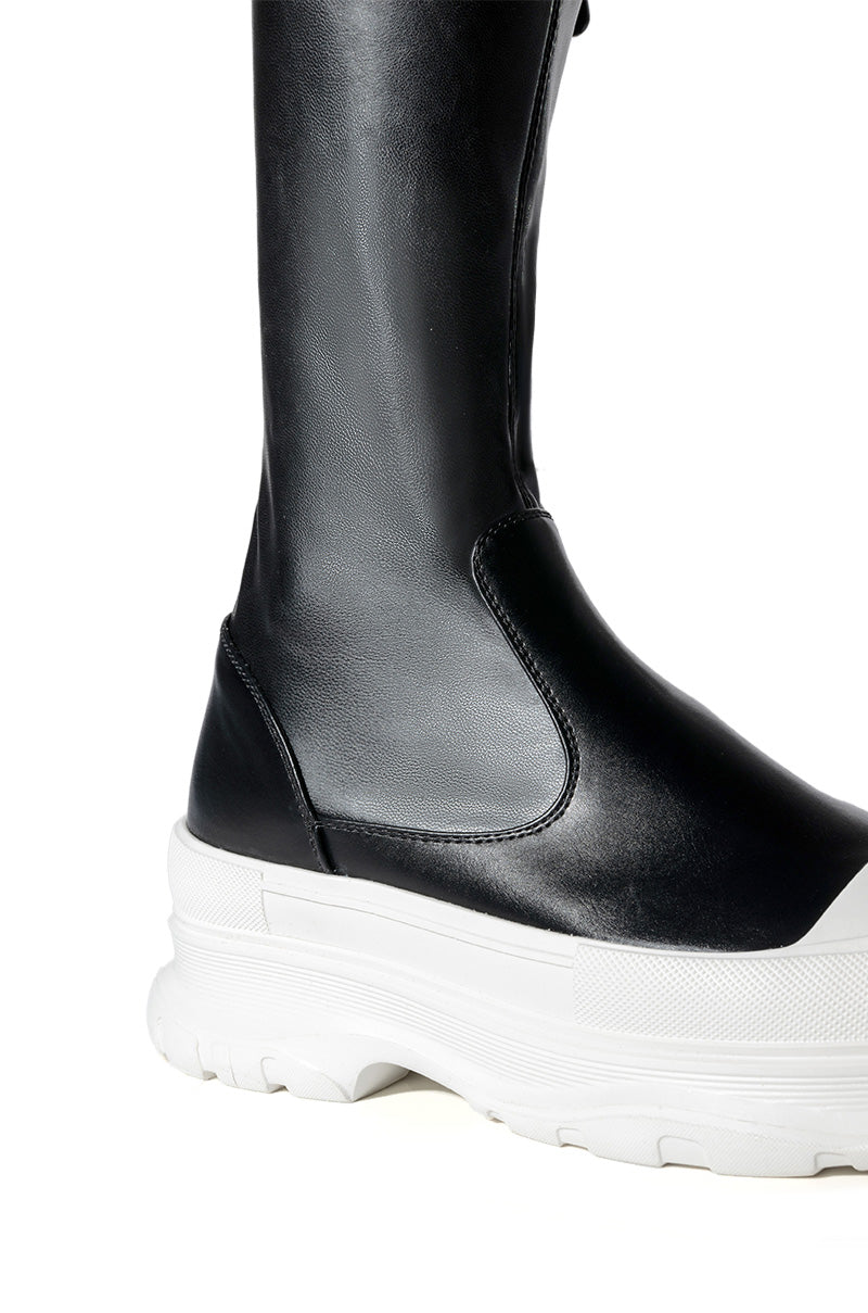 AZALEA WANG OH MY LOVE FAUX LEATHER THIGH HIGH FLATFORM SNEAKER BOOT WITH 4 WAY STRETCH IN BLACK