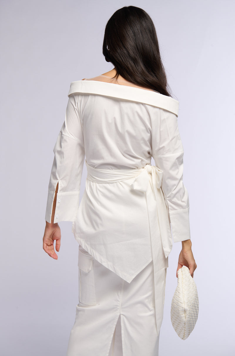 BILLY OFF THE SHOULDER WRAP FRONT BLOUSE
