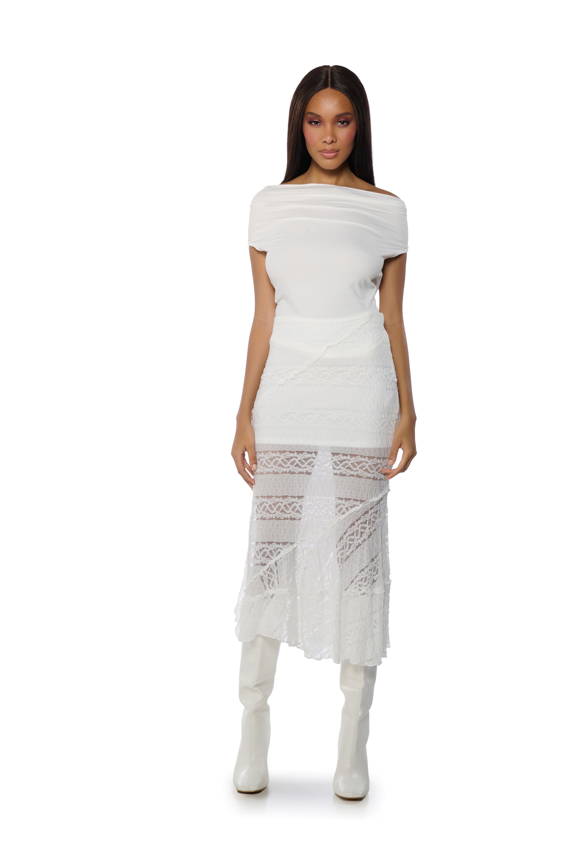 EMELIA LACE TRIM TIERED MIDI SKIRT