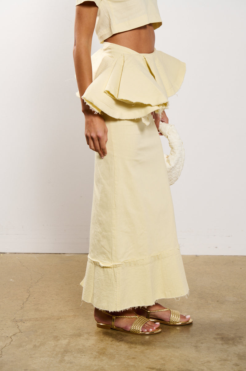 OCEAN BREEZE RUFFLE DETAIL STRETCH LINEN MAXI SKIRT