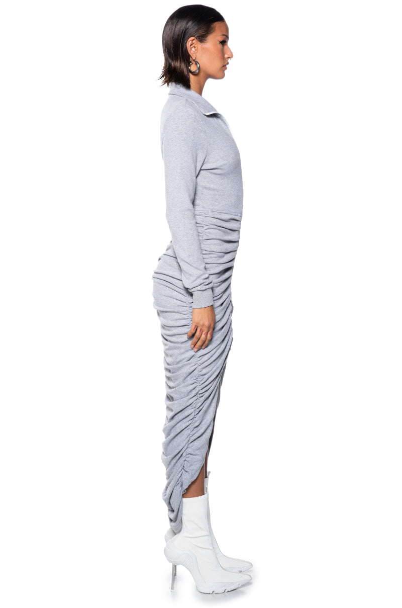 RUCHED HIGH LOW MIDI DRESS