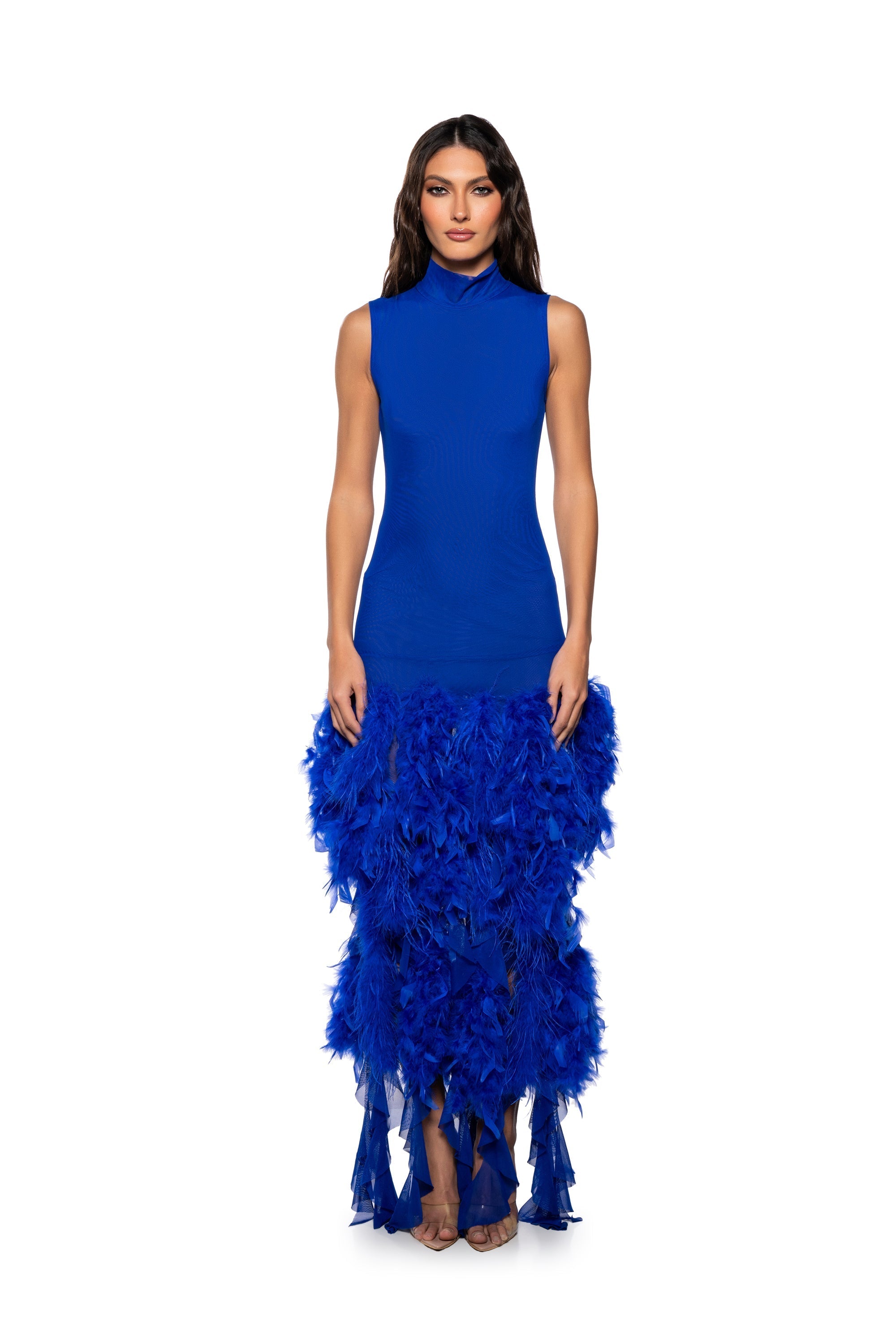 SLEEK AND CHIC FEATHER MAXI DRESS