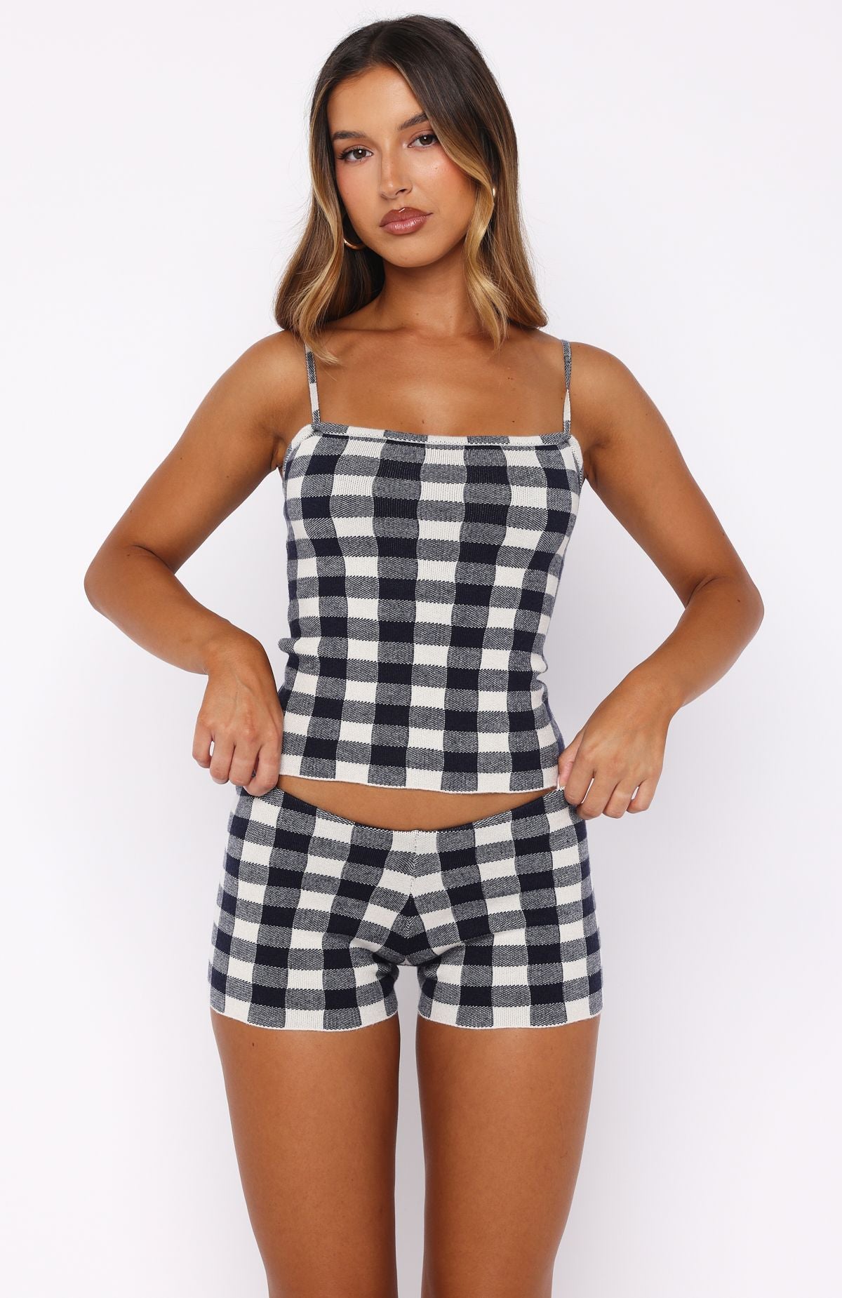 Iconic Duo Knit Cami Top Navy/Cream Gingham